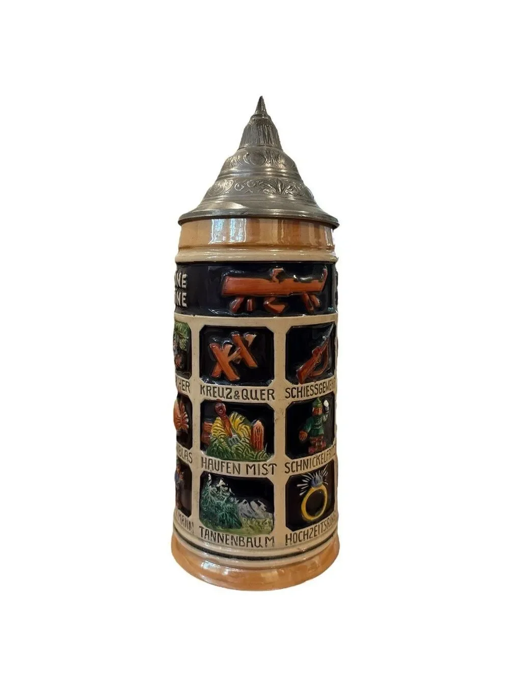 70s THEWALT OH DU SCHONE SCHNITZELBANK GERMAN BEER STEIN W PEWTER LID W BROCHURE
